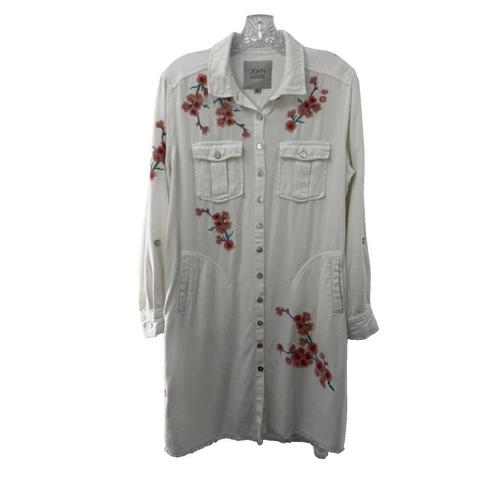 John Mark Women's Off White Floral Embroidered Shirt Dress Medium Country Chic
